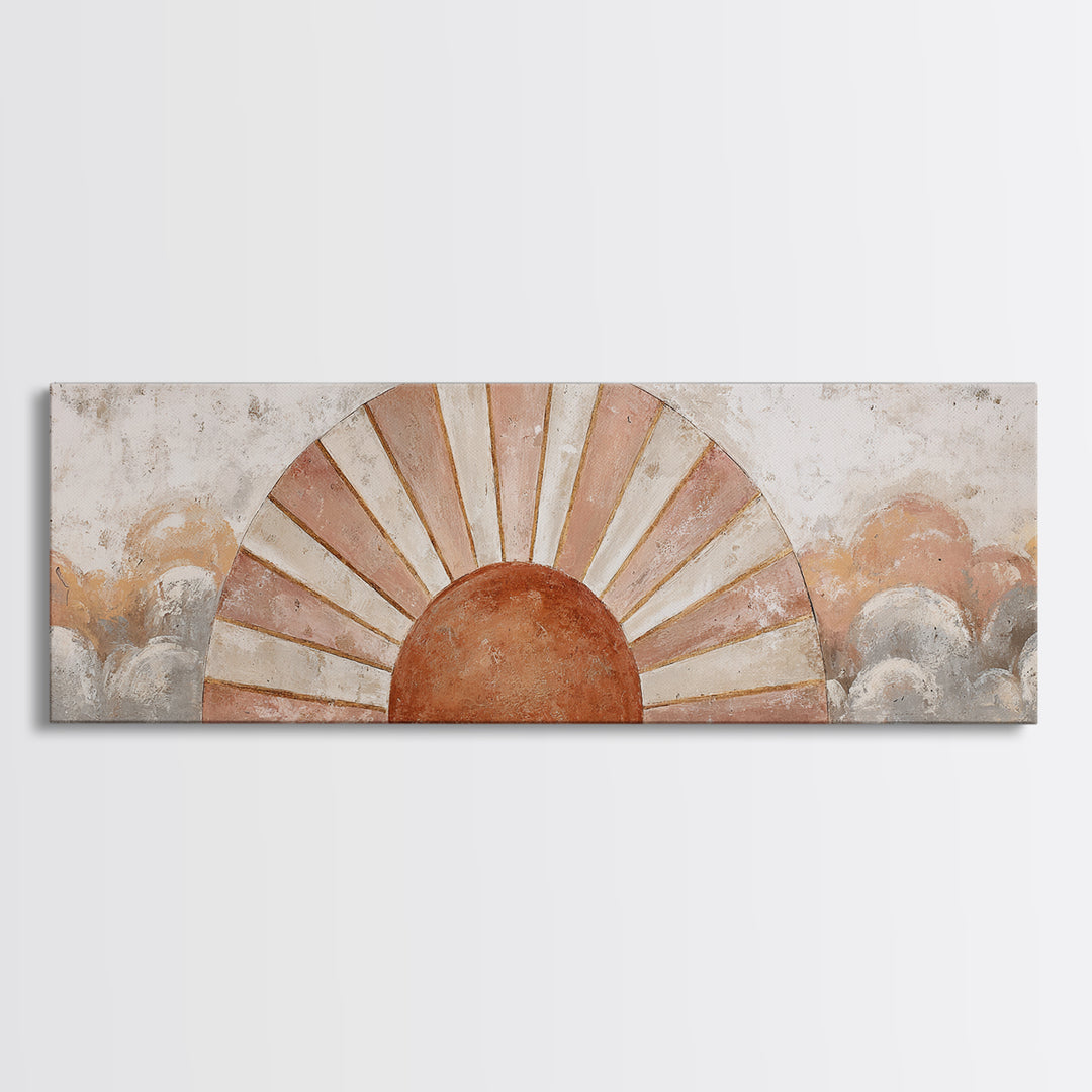 Sun Motif with Warm Terracotta Rays Canvas Print, Patio Art, Garden Decor, Patio Decor, Abstract Art, Outdoor, Beach Art, PAT-3x1-34