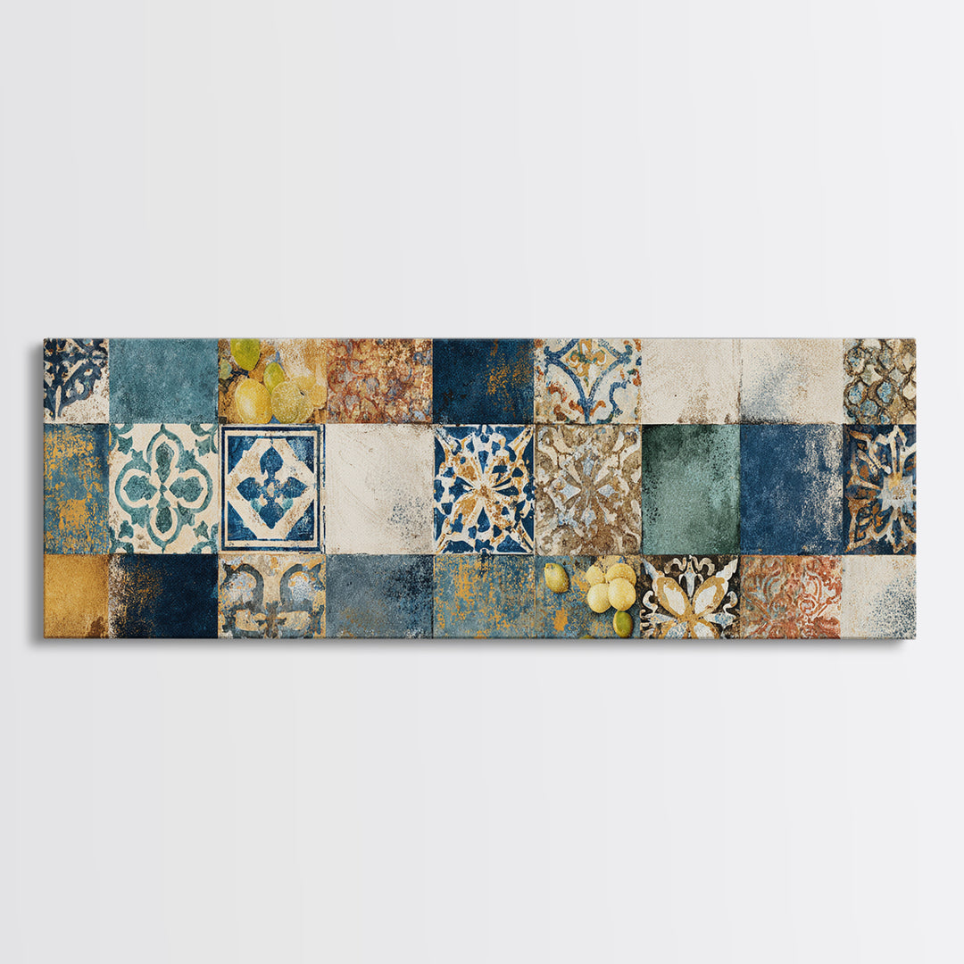 Mediterranean Lemons and Blue Tile Pattern Canvas Print, Patio Art, Coastal Decor, Patio Decor, Outdoor, Family Wall Art, PAT-3x1-42