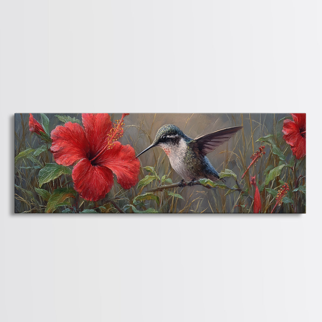 Hummingbird Visiting Bright Hibiscus Canvas Print, Patio Art, Wall Decor, Patio Decor, Fine Art, Outdoor, Coastal Decor, PAT-3x1-43