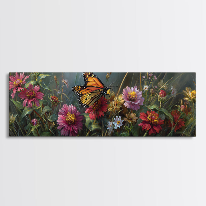 Butterfly Garden with Zinnias and Daisies Framed Canvas Print, Patio Art, Outdoor Wall Art, Patio Decor, Fine Art, Outdoor, PAT-3x1-5