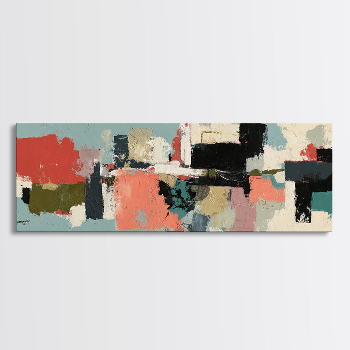 Bright Coral and Turquoise Abstract for Outdoors Framed Canvas Print, Patio Art, Room Decor, Patio Decor, Fine Art, Outdoor, PAT-3x1-52