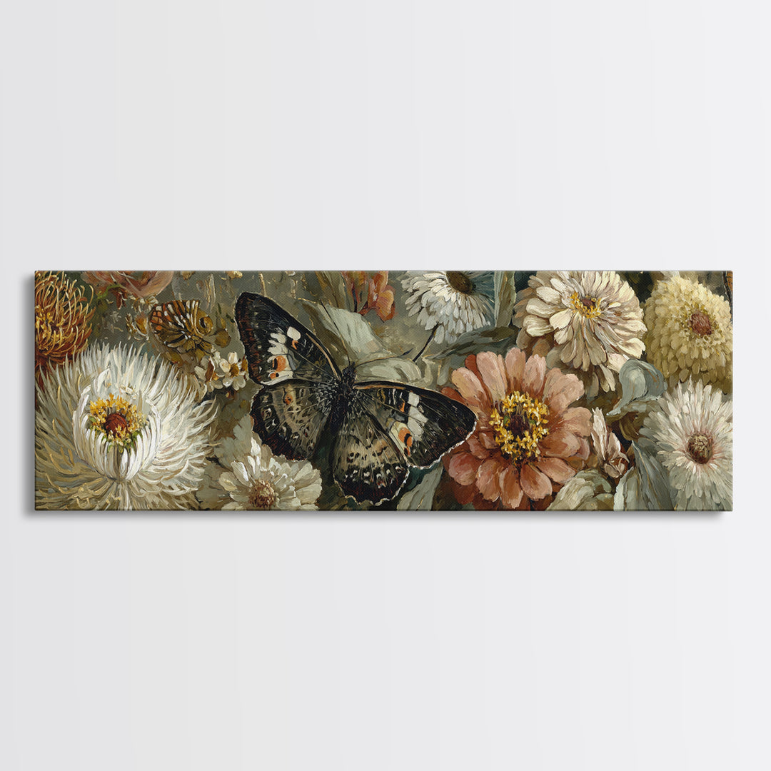 Butterfly Garden with Zinnias and Daisies Framed Canvas Print, Patio Art, Beach House Decor, Patio Decor, Oil Painting, Outdoor, PAT-3x1-53