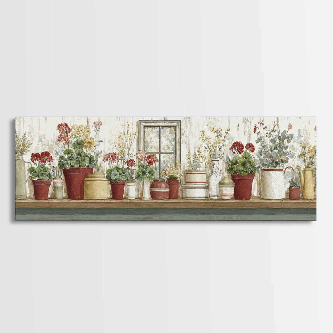 Potted Geraniums in Rustic Clay Pots Canvas Print, Patio Art, Lake House Decor, Patio Decor, Fine Art, Outdoor, Boho Decor, PAT-3x1-54