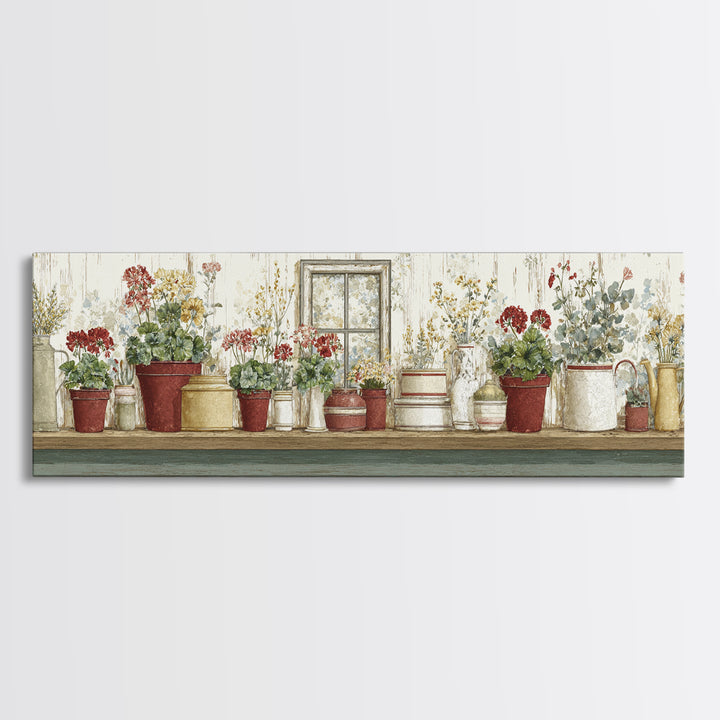 Potted Geraniums in Rustic Clay Pots Canvas Print, Patio Art, Lake House Decor, Patio Decor, Fine Art, Outdoor, Boho Decor, PAT-3x1-54