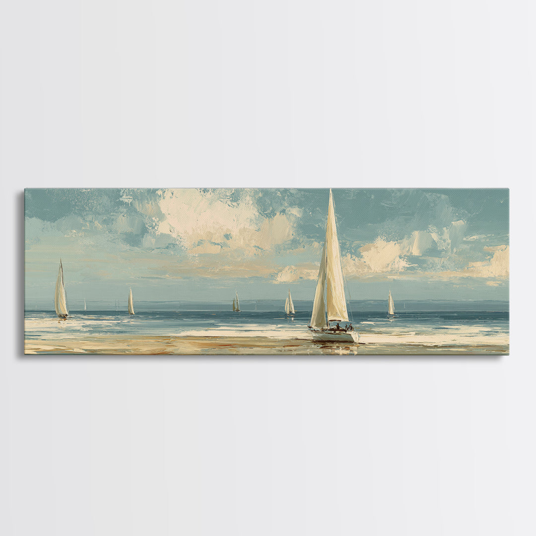Sailboat on a Breezy Summer Horizon Framed Canvas Print, Patio Art, Contemporary Art, Patio Decor, Oil Painting, Outdoor, PAT-3x1-55