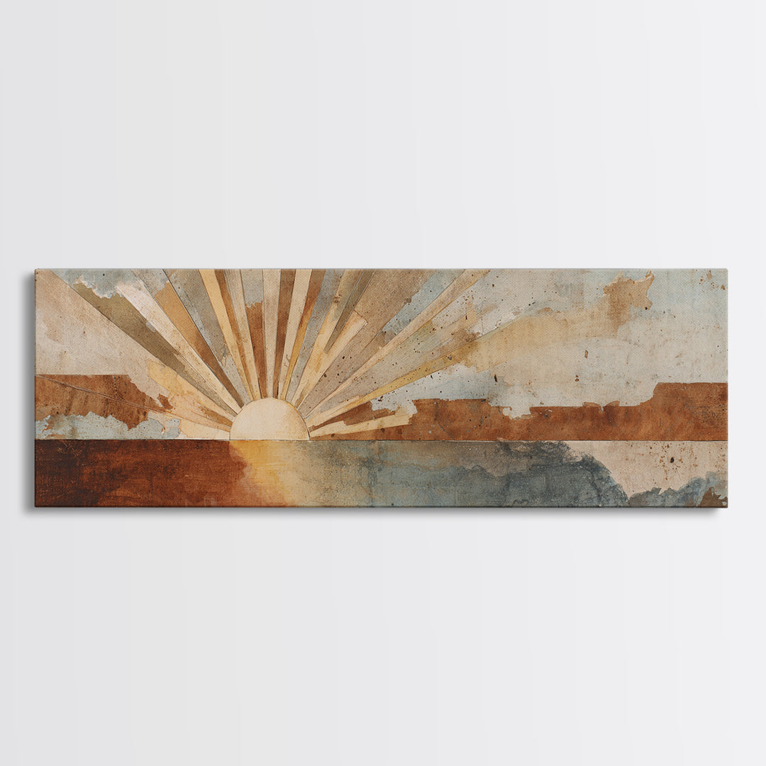 Sun Motif with Warm Terracotta Rays Framed Canvas Print, Patio Art, Outdoor Wall Decor, Patio Decor, Fine Art, Outdoor, PAT-3x1-58