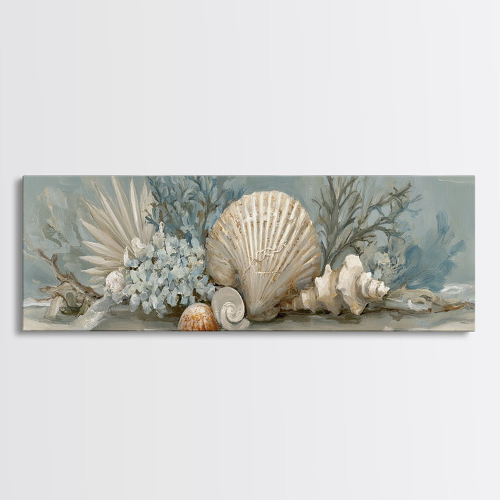 Beachy Shell and Palm Arrangement Framed Canvas Print, Patio Art, Wall Art, Patio Decor, Fine Art, Outdoor, Outdoor Wall Decor, PAT-3x1-59