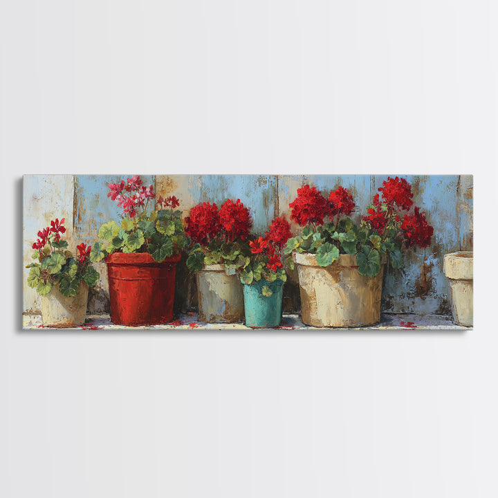 Potted Geraniums in Rustic Clay Pots Canvas Print, Patio Art, Porch Decor, Patio Decor, Fine Art, Outdoor, Fine Art Print, PAT-3x1-6