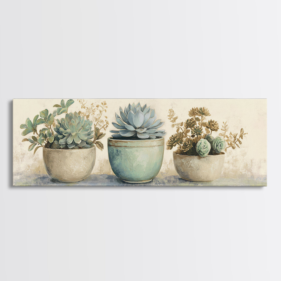 Succulent Collection in Ceramic Planters Canvas Print, Patio Art, Floral Art, Patio Decor, Oil Painting, Outdoor, PAT-3x1-61