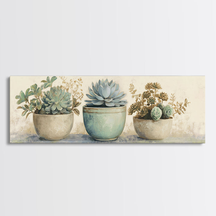 Succulent Collection in Ceramic Planters Canvas Print, Patio Art, Floral Art, Patio Decor, Oil Painting, Outdoor, PAT-3x1-61