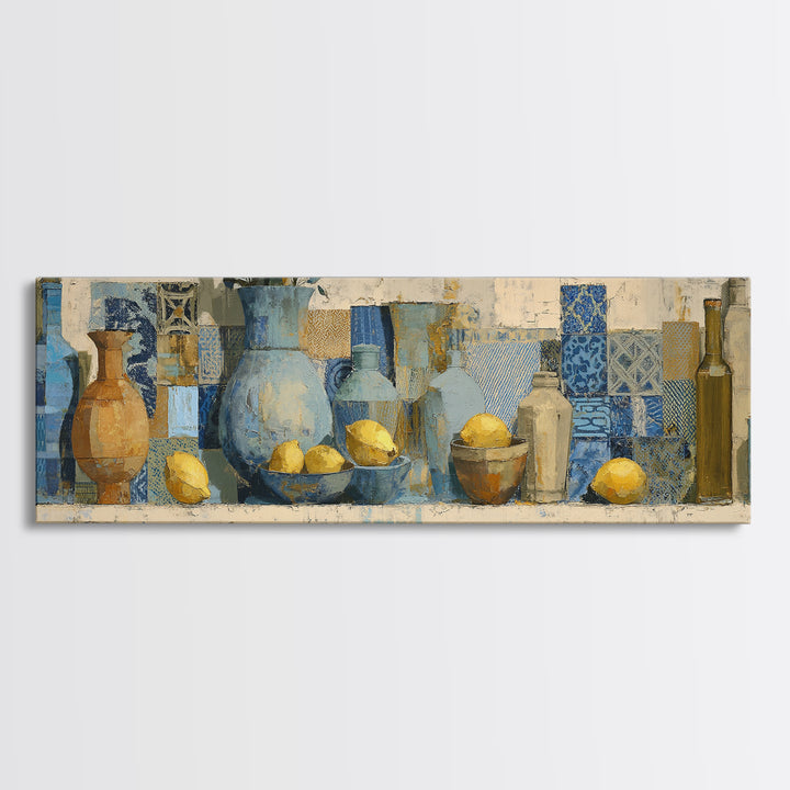 Mediterranean Lemons and Blue Tile Pattern Canvas Print, Patio Art, Coastal Decor, Patio Decor, Outdoor, Family Wall Art, PAT-3x1-66