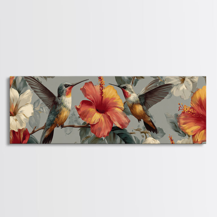 Hummingbird Visiting Bright Hibiscus Framed Canvas Print, Patio Art, Garden Art, Patio Decor, Abstract Art, Outdoor, PAT-3x1-67