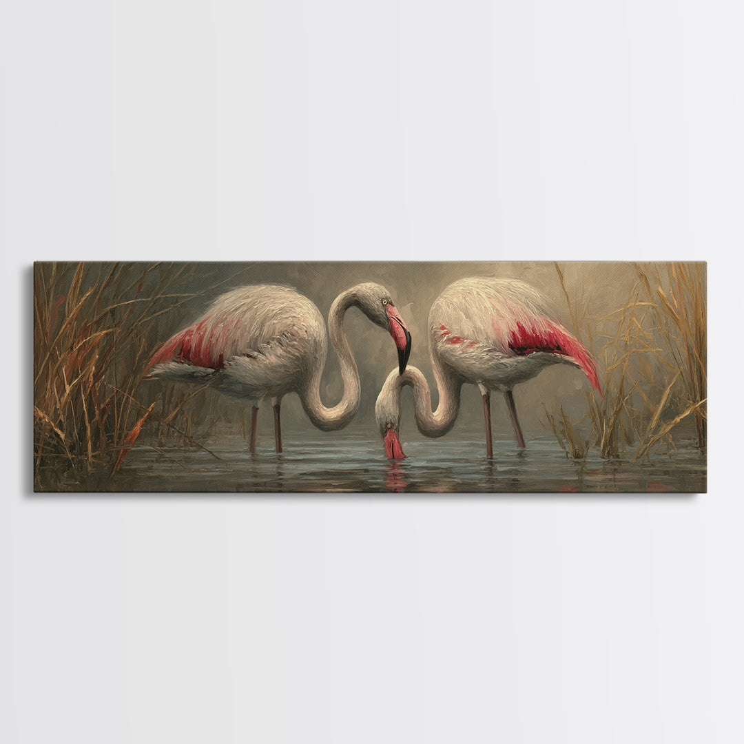 Flamingo Pair Beside Shallow Water Framed Canvas Print, Patio Art, Bar Art, Patio Decor, Oil Painting, Outdoor, Outdoor Art, PAT-3x1-74