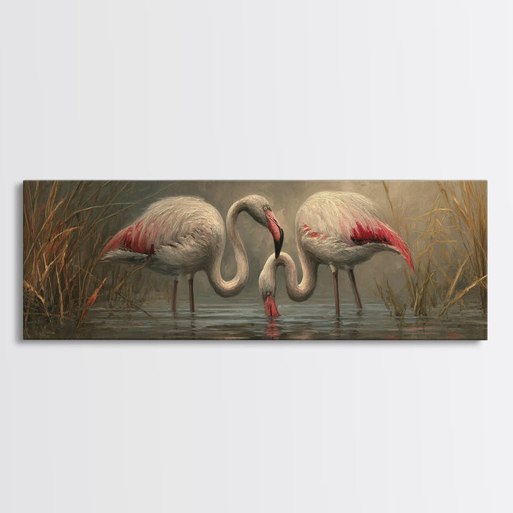Flamingo Pair Beside Shallow Water Framed Canvas Print, Patio Art, Bar Art, Patio Decor, Oil Painting, Outdoor, Outdoor Art, PAT-3x1-74