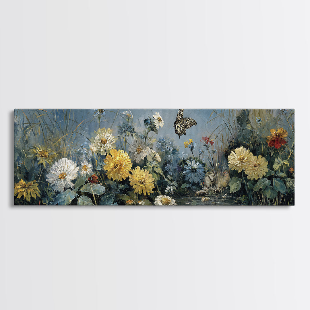 Butterfly Garden with Zinnias and Daisies Framed Canvas Print, Patio Art, Beach House Decor, Patio Decor, Oil Painting, Outdoor, PAT-3x1-77