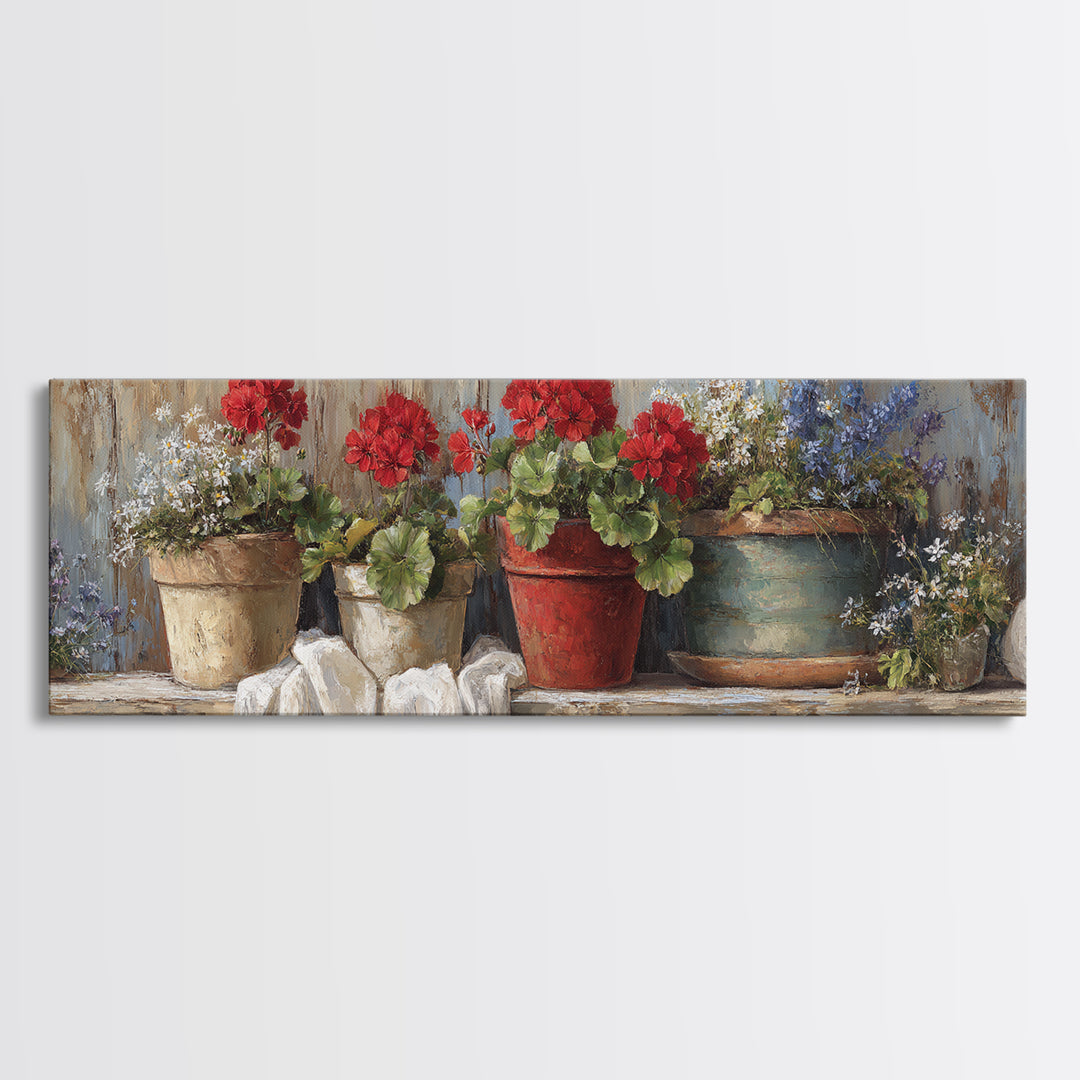 Potted Geraniums in Rustic Clay Pots Canvas Print, Patio Art, Wall Decor, Patio Decor, Fine Art, Outdoor, Coastal Decor, PAT-3x1-78