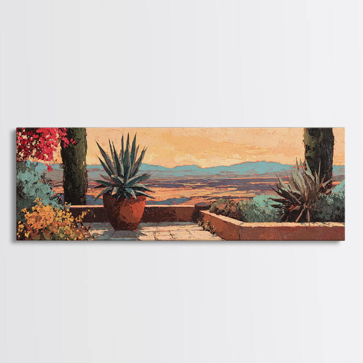 Desert Patio Agave and Bougainvillea Framed Canvas Print, Patio Art, Porch Decor, Patio Decor, Outdoor, Fine Art Print, PAT-3x1-81