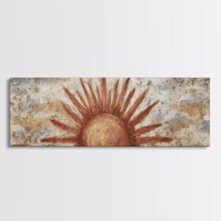 Sun Motif with Warm Terracotta Rays Framed Canvas Print, Patio Art, Outdoor Wall Decor, Patio Decor, Fine Art, Outdoor, PAT-3x1-82
