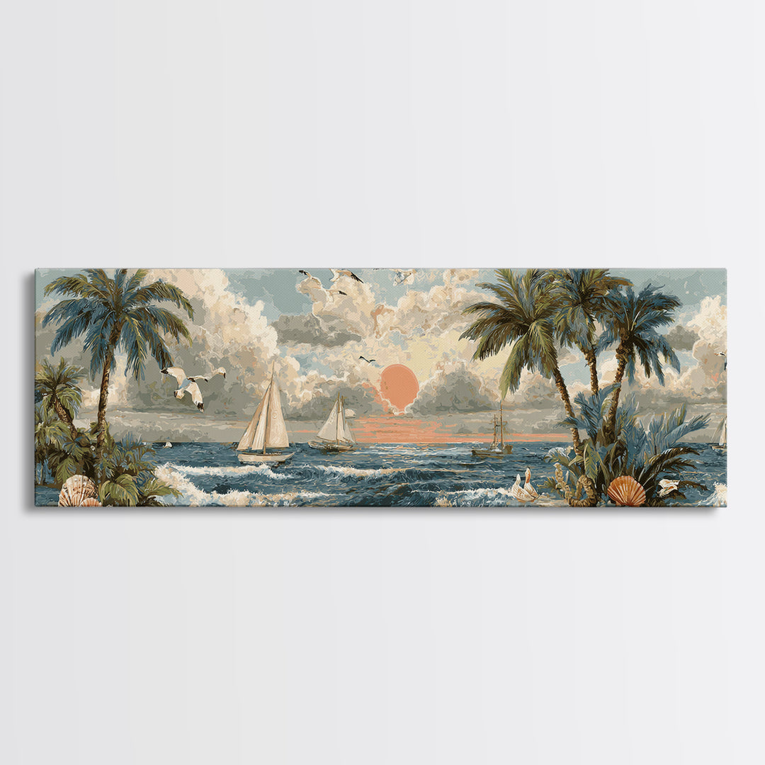 Beachy Shell and Palm Arrangement Canvas Print, Patio Art, Wall Hanging, Patio Decor, Outdoor, Beach Art, Beach House Decor, PAT-3x1-83
