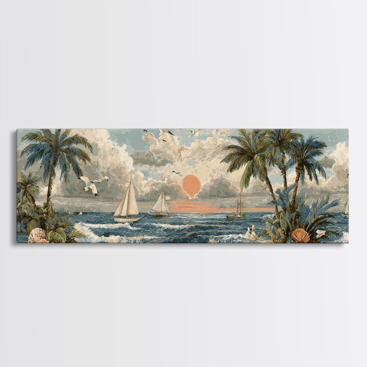 Beachy Shell and Palm Arrangement Canvas Print, Patio Art, Wall Hanging, Patio Decor, Outdoor, Beach Art, Beach House Decor, PAT-3x1-83