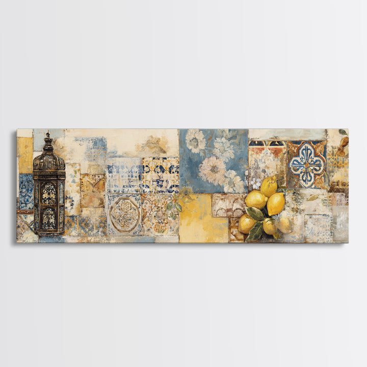 Mediterranean Lemons and Blue Tile Pattern Framed Canvas Print, Patio Art, Beach House Decor, Patio Decor, Fine Art, Outdoor, PAT-3x1-90