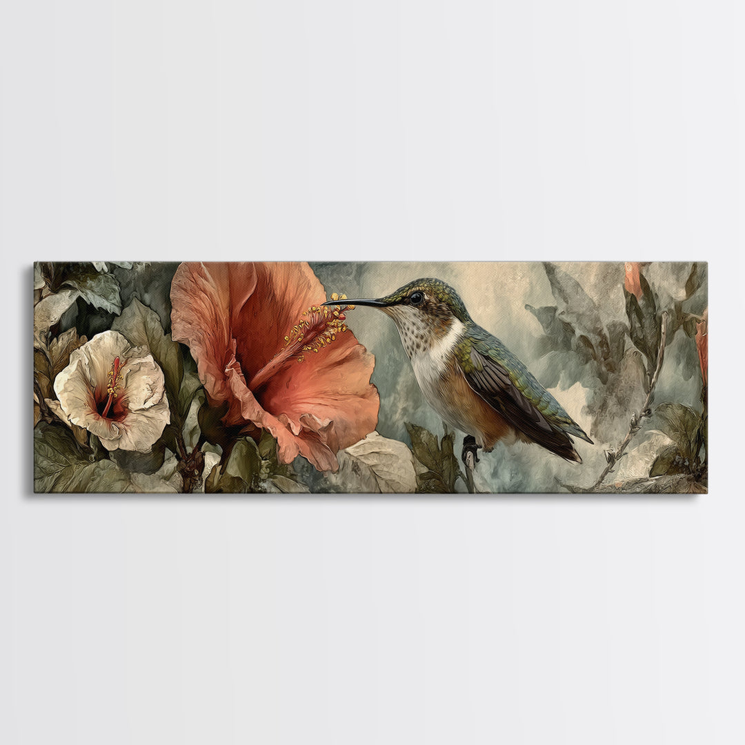 Hummingbird Visiting Bright Hibiscus Canvas Print, Patio Art, Room Decor, Patio Decor, Fine Art, Outdoor, Garden Art, PAT-3x1-91