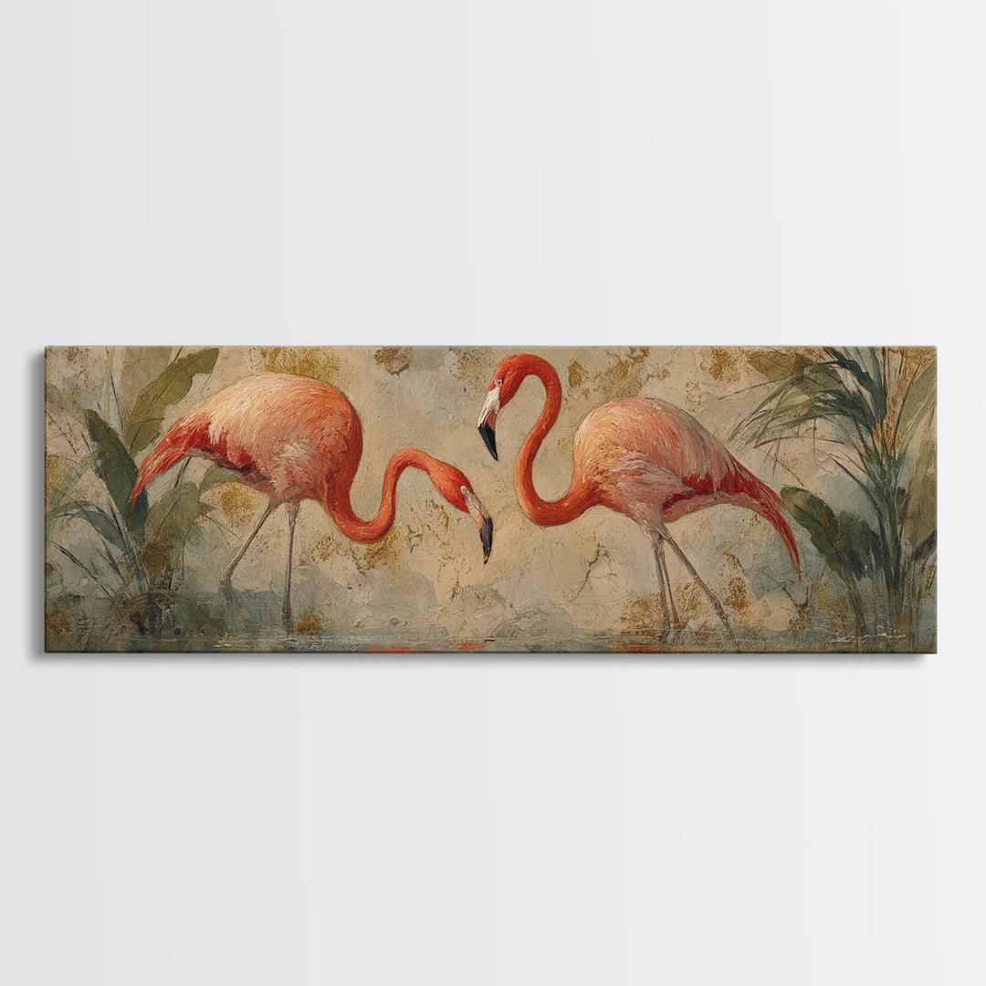 Flamingo Pair Beside Shallow Water Canvas Print, Patio Art, Floral Art, Patio Decor, Fine Art, Outdoor, Statement Artwork, PAT-3x1-98