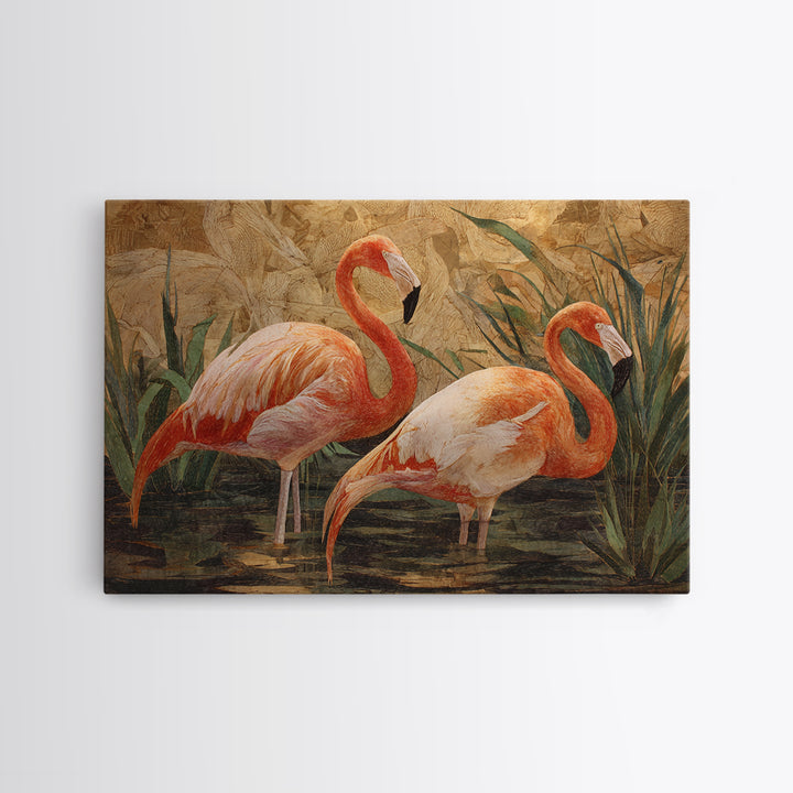 Flamingo Pair Beside Shallow Water Framed Canvas Print, Patio Art, Garden Decor, Patio Decor, Fine Art, Outdoor, Beach Art, PAT-3x2-14