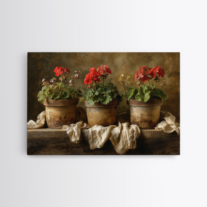 Potted Geraniums in Rustic Clay Pots Framed Canvas Print, Patio Art, Garden Art, Patio Decor, Outdoor, Beach House Decor, PAT-3x2-18