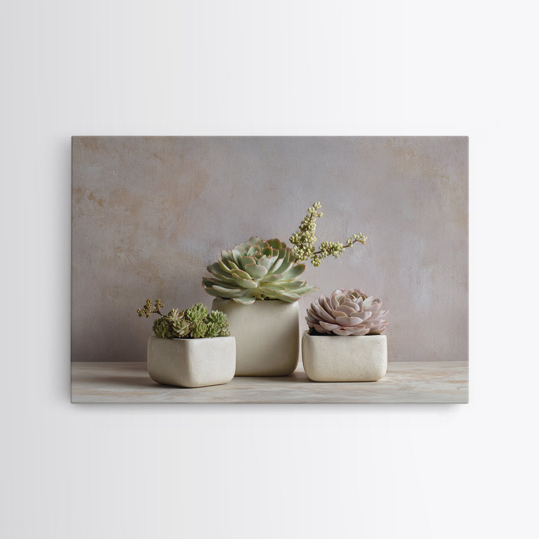 Succulent Collection in Ceramic Planters Framed Canvas Print, Patio Art, Patio Decor, Abstract Art, Outdoor, Gallery Decor, PAT-3x2-25