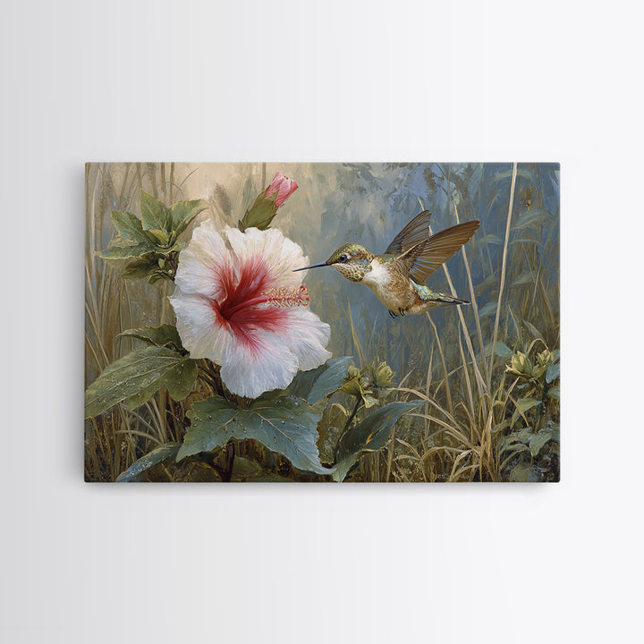 Hummingbird Visiting Bright Hibiscus Framed Canvas Print, Patio Art, Patio Cushions, Patio Decor, Outdoor, Luxury Decor, PAT-3x2-31