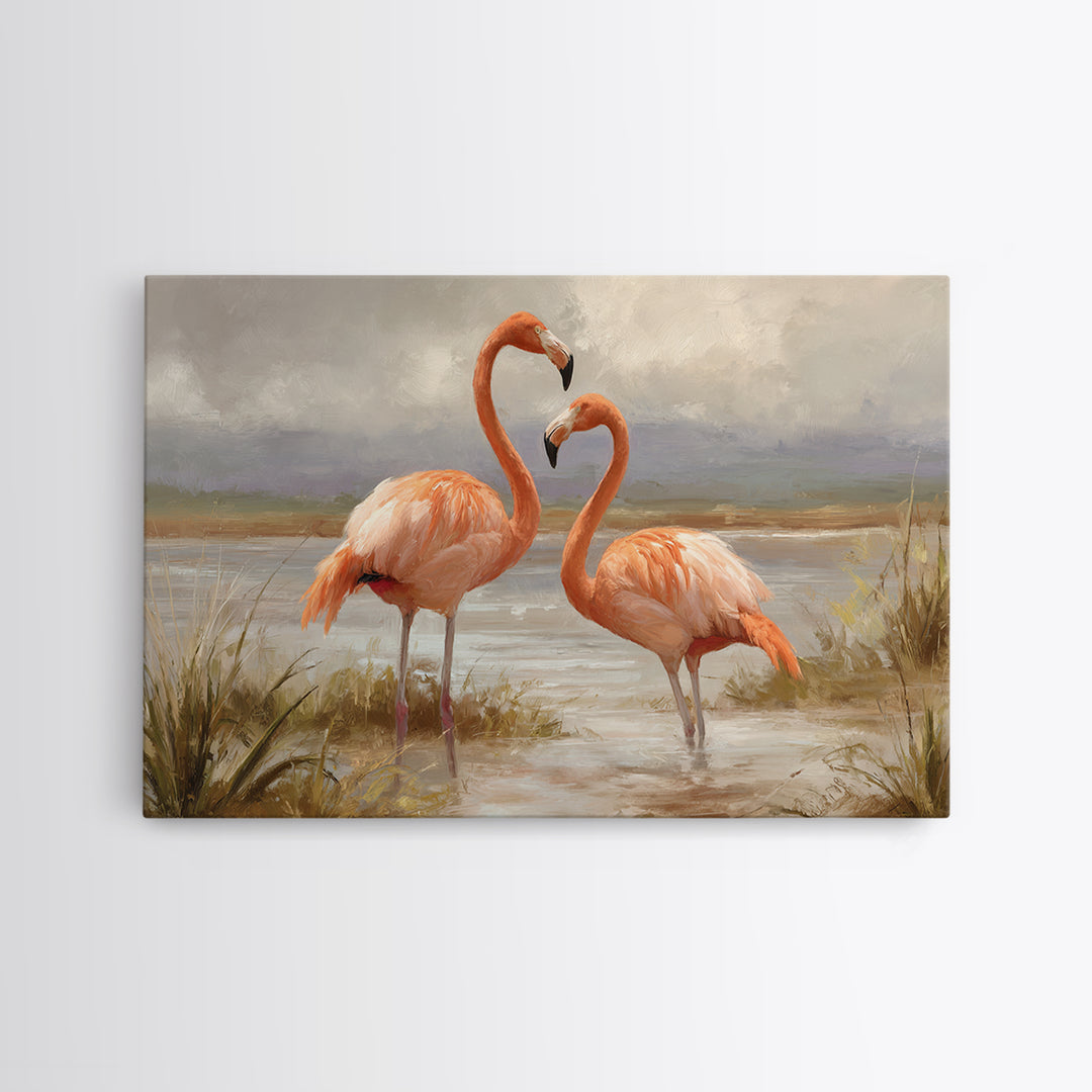 Flamingo Pair Beside Shallow Water Canvas Print, Patio Art, Outdoor Wall Decor, Patio Decor, Fine Art, Outdoor, Yard Decor, PAT-3x2-38