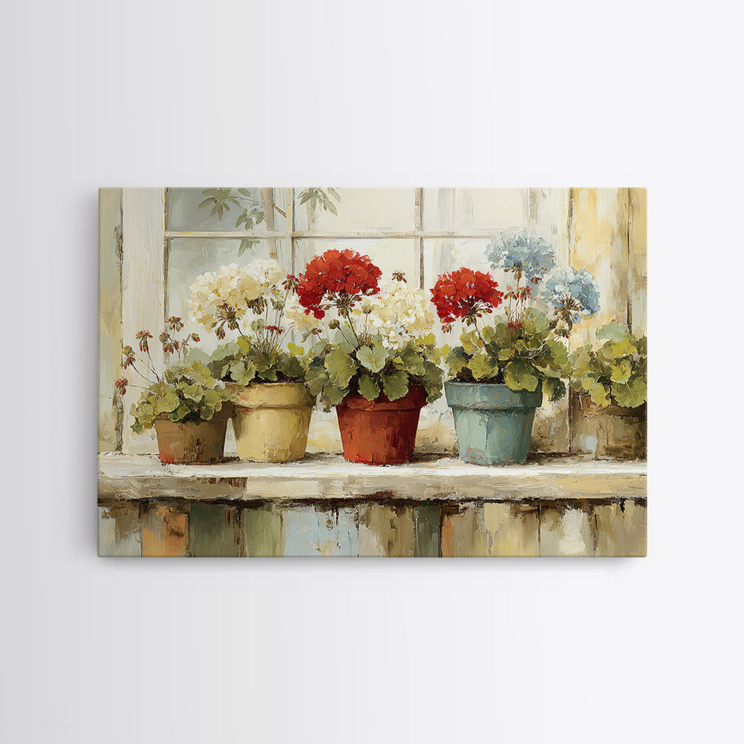 Potted Geraniums in Rustic Clay Pots Canvas Print, Patio Art, Floral Wall Art, Patio Decor, Fine Art, Outdoor, Mixed Media Art, PAT-3x2-42