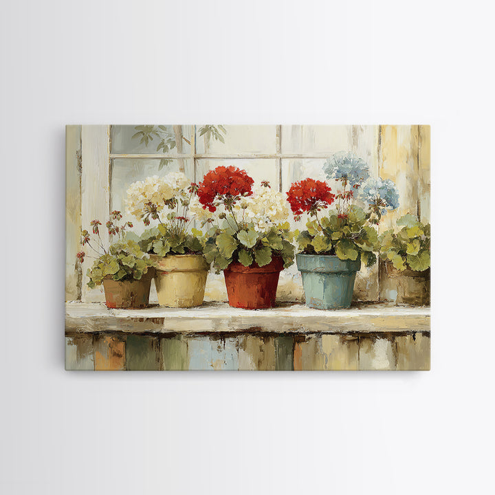 Potted Geraniums in Rustic Clay Pots Canvas Print, Patio Art, Floral Wall Art, Patio Decor, Fine Art, Outdoor, Mixed Media Art, PAT-3x2-42