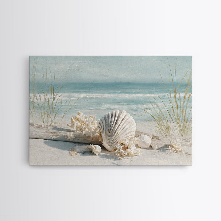 Beachy Shell and Palm Arrangement Framed Canvas Print, Patio Art, Room Decor, Patio Decor, Oil Painting, Outdoor, Garden Art, PAT-3x2-47