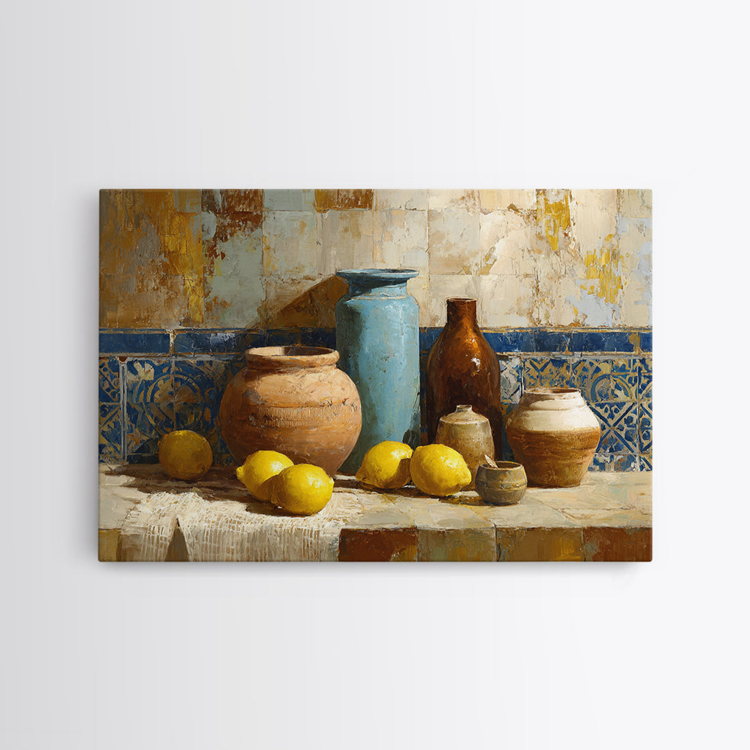 Mediterranean Lemons and Blue Tile Pattern Canvas Print, Patio Art, Bar Art, Patio Decor, Fine Art, Outdoor, Outdoor Art, PAT-3x2-54