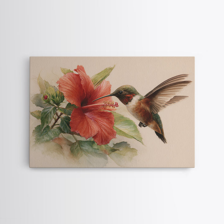 Hummingbird Visiting Bright Hibiscus Framed Canvas Print, Patio Art, Decor, Patio Decor, Oil Painting, Outdoor, PAT-3x2-55