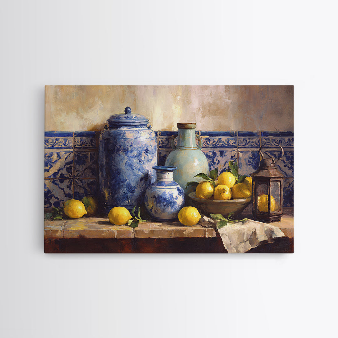Mediterranean Lemons and Blue Tile Pattern Framed Canvas Print, Patio Art, Yard Art, Patio Decor, Outdoor, Lake House Decor, PAT-3x2-6
