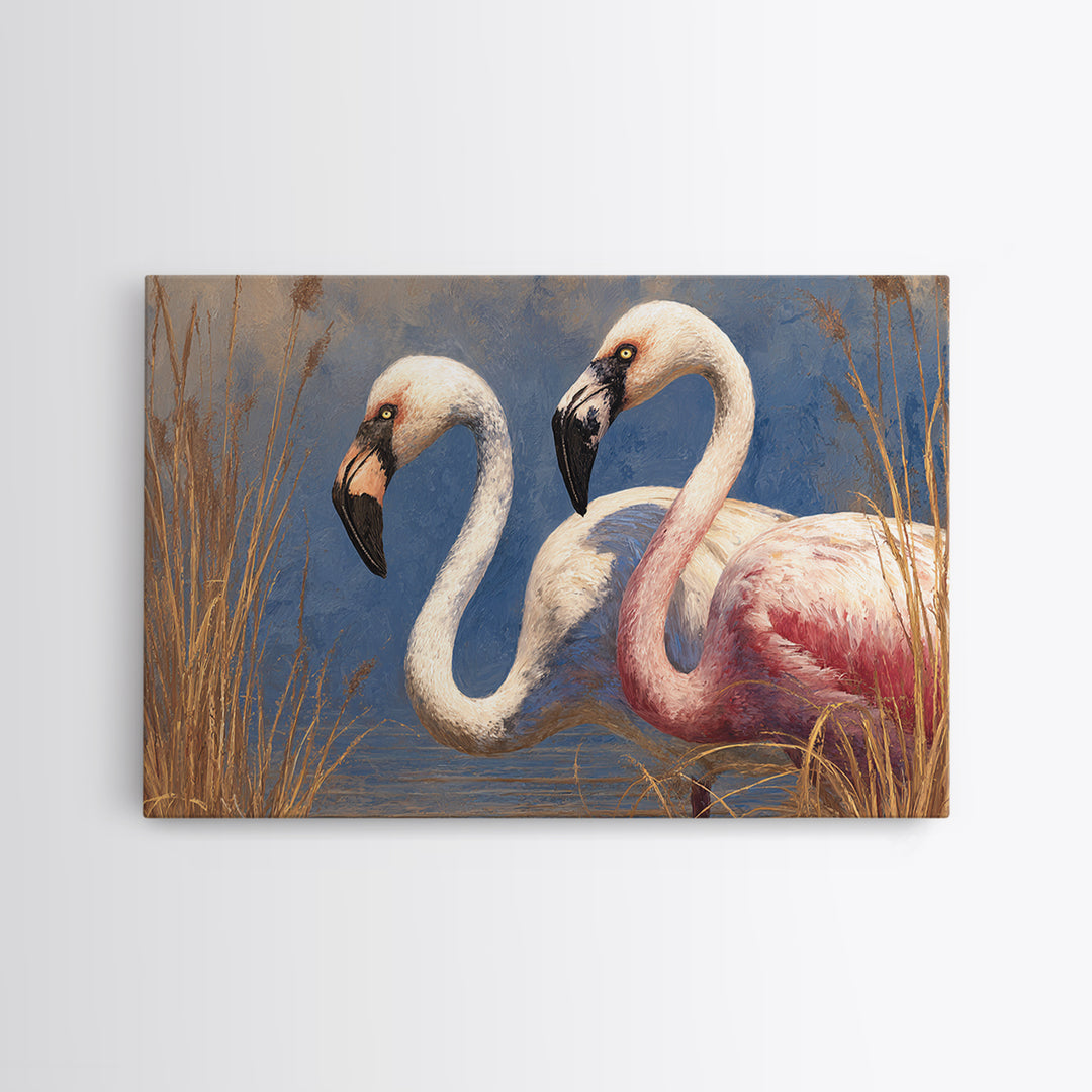 Flamingo Pair Beside Shallow Water Canvas Print, Patio Art, Outdoor Wall Decor, Patio Decor, Fine Art, Outdoor, Yard Decor, PAT-3x2-62