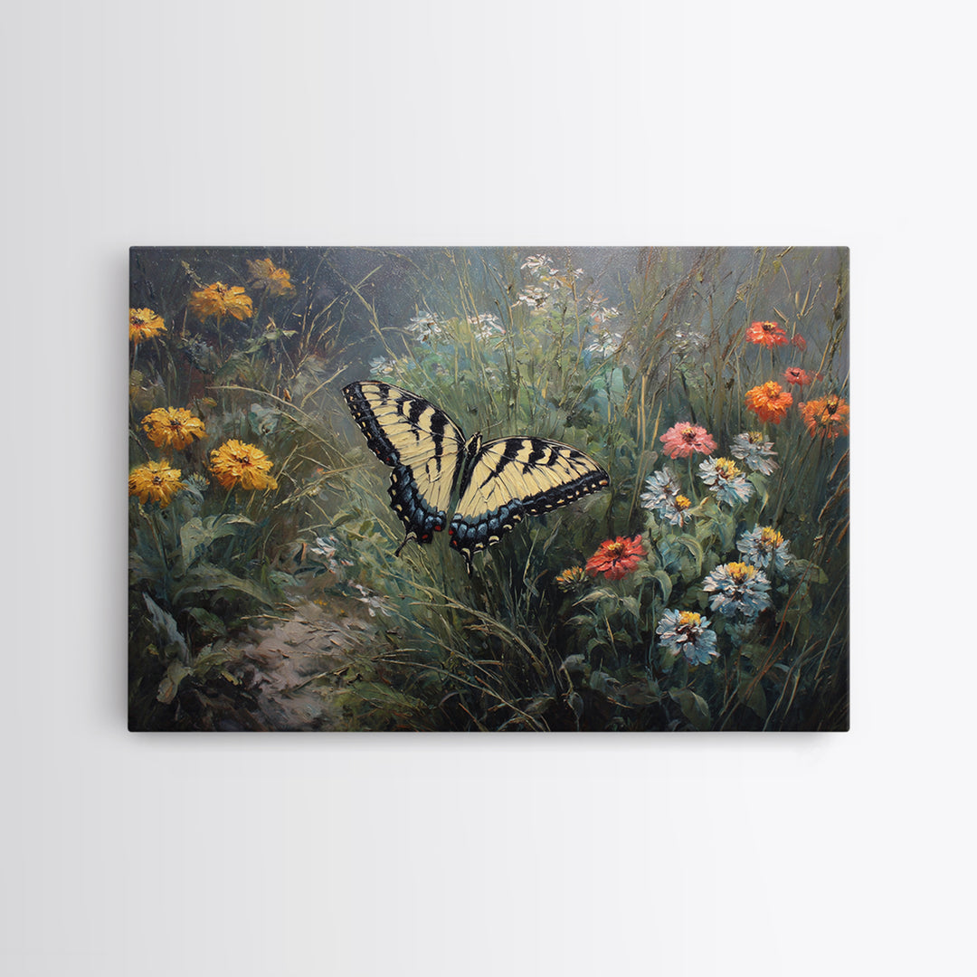 Butterfly Garden with Zinnias and Daisies Framed Canvas Print, Patio Art, Floral Art, Patio Decor, Fine Art, Outdoor, PAT-3x2-65