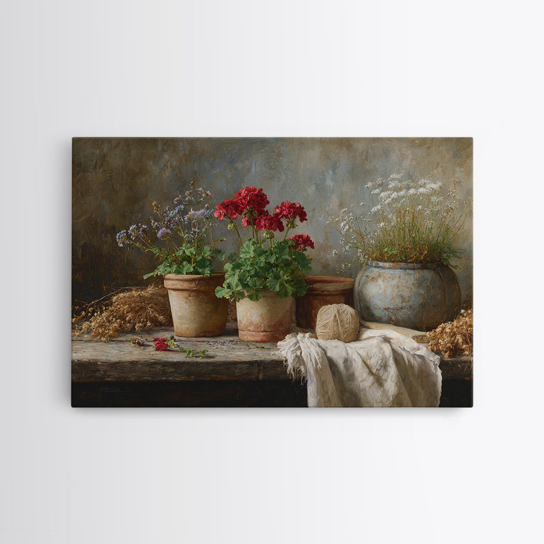 Potted Geraniums in Rustic Clay Pots Canvas Print, Patio Art, Floral Wall Art, Patio Decor, Fine Art, Outdoor, Mixed Media Art, PAT-3x2-66