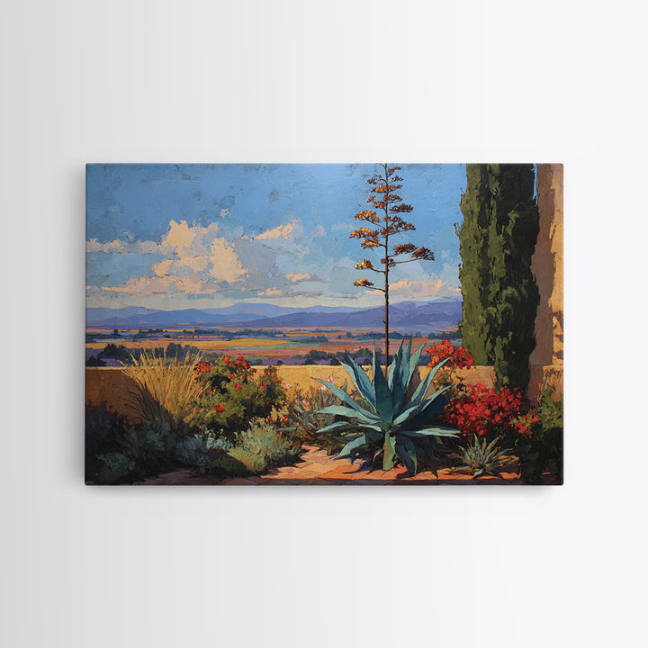Desert Patio Agave and Bougainvillea Framed Canvas Print, Patio Art, Lake House Decor, Patio Decor, Fine Art, Outdoor, PAT-3x2-69