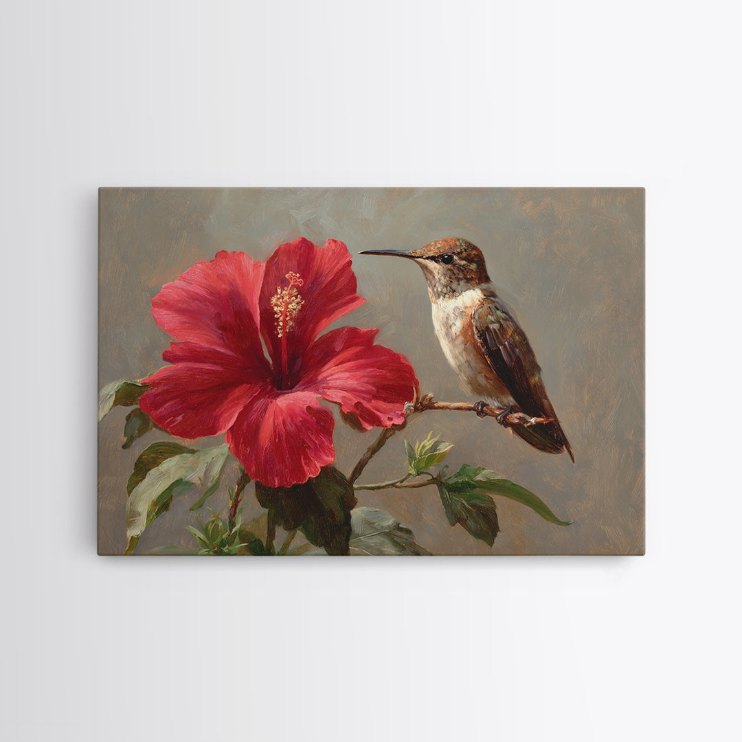 Hummingbird Visiting Bright Hibiscus Framed Canvas Print, Patio Art, Patio Decor, Abstract Art, Outdoor, Floral Wall Art, PAT-3x2-7