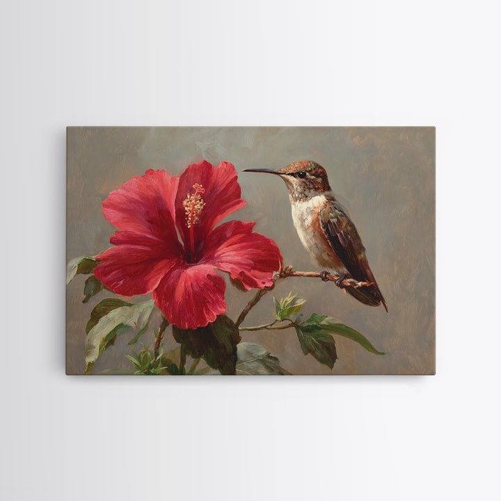 Hummingbird Visiting Bright Hibiscus Framed Canvas Print, Patio Art, Patio Decor, Abstract Art, Outdoor, Floral Wall Art, PAT-3x2-7