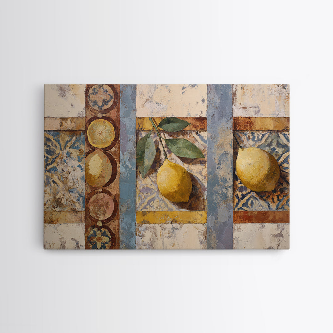 Mediterranean Lemons and Blue Tile Pattern Framed Canvas Print, Patio Art, Floral Art, Patio Decor, Fine Art, Outdoor, PAT-3x2-78