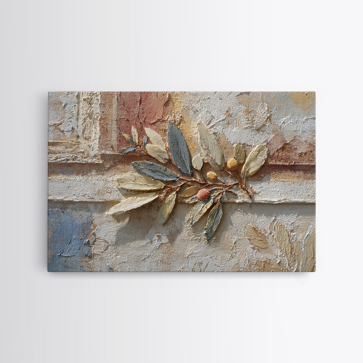 Olive Branch Wreath on Warm Plaster Framed Canvas Print, Patio Art, Family Wall Art, Patio Decor, Fine Art, Outdoor, Room Decor, PAT-3x2-85