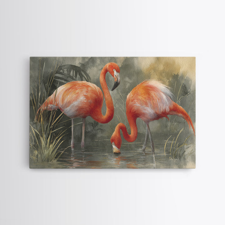Flamingo Pair Beside Shallow Water Framed Canvas Print, Patio Art, Patio Decor, Fine Art, Outdoor, Gallery Decor, Neutral Decor, PAT-3x2-86