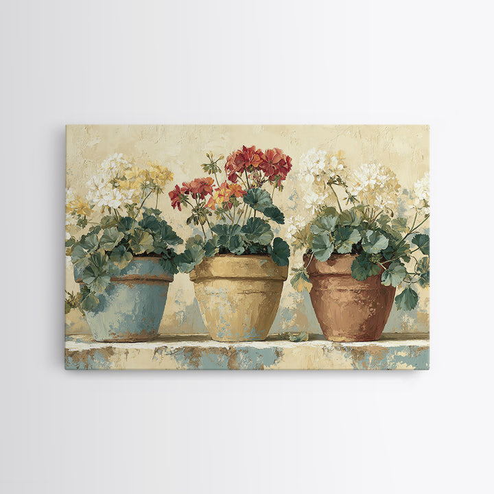 Potted Geraniums in Rustic Clay Pots Framed Canvas Print, Patio Art, Beach Art, Patio Decor, Fine Art, Outdoor, Neutral Decor, PAT-3x2-90