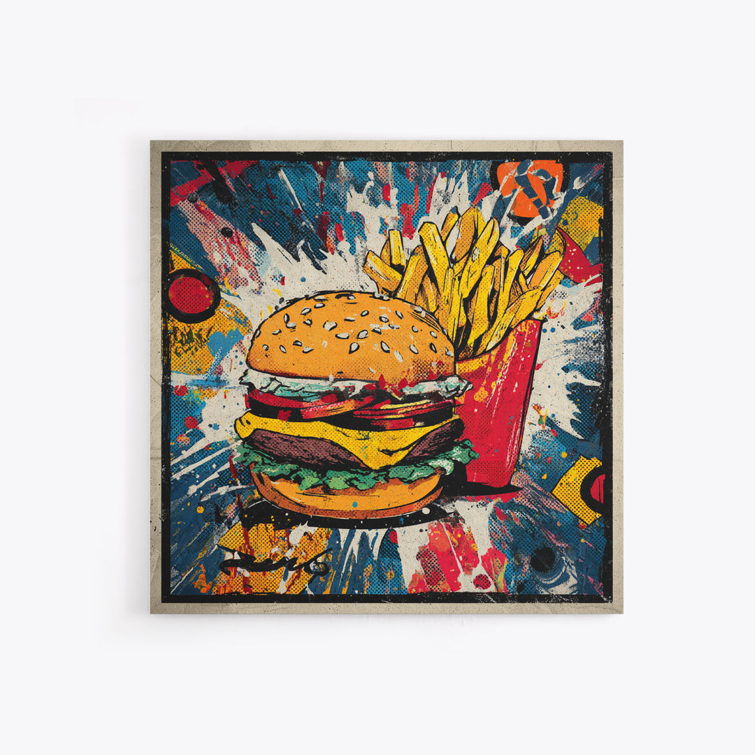 Hamburger and Fries Framed Canvas Print, Pop Art, Statement Artwork, Living Room Decor, Abstract Art, Pop, Wall Decor, POP-1x1-33