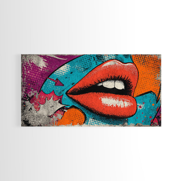 Bold Comic Lips Framed Canvas Print, Pop Art, Decor, Living Room Decor, Fine Art, Pop, Dopamine Decor, Mexican Art, Modern Art, POP-2x1-45